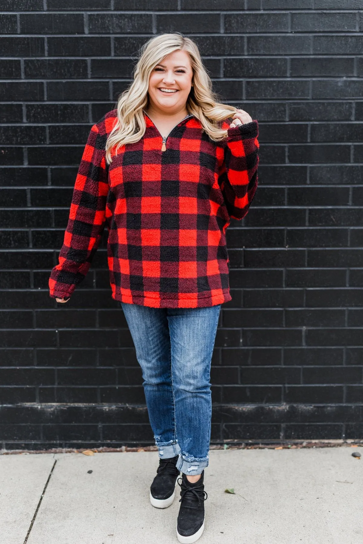 1/4 Zip Sherpa Pullover- Buffalo Plaid