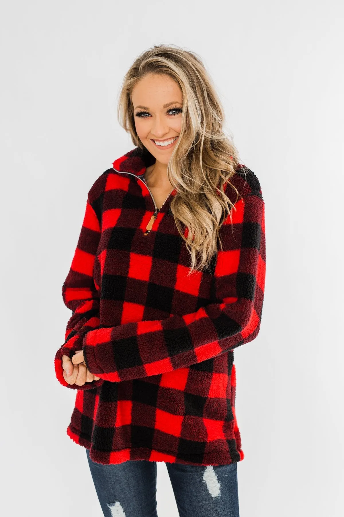 1/4 Zip Sherpa Pullover- Buffalo Plaid