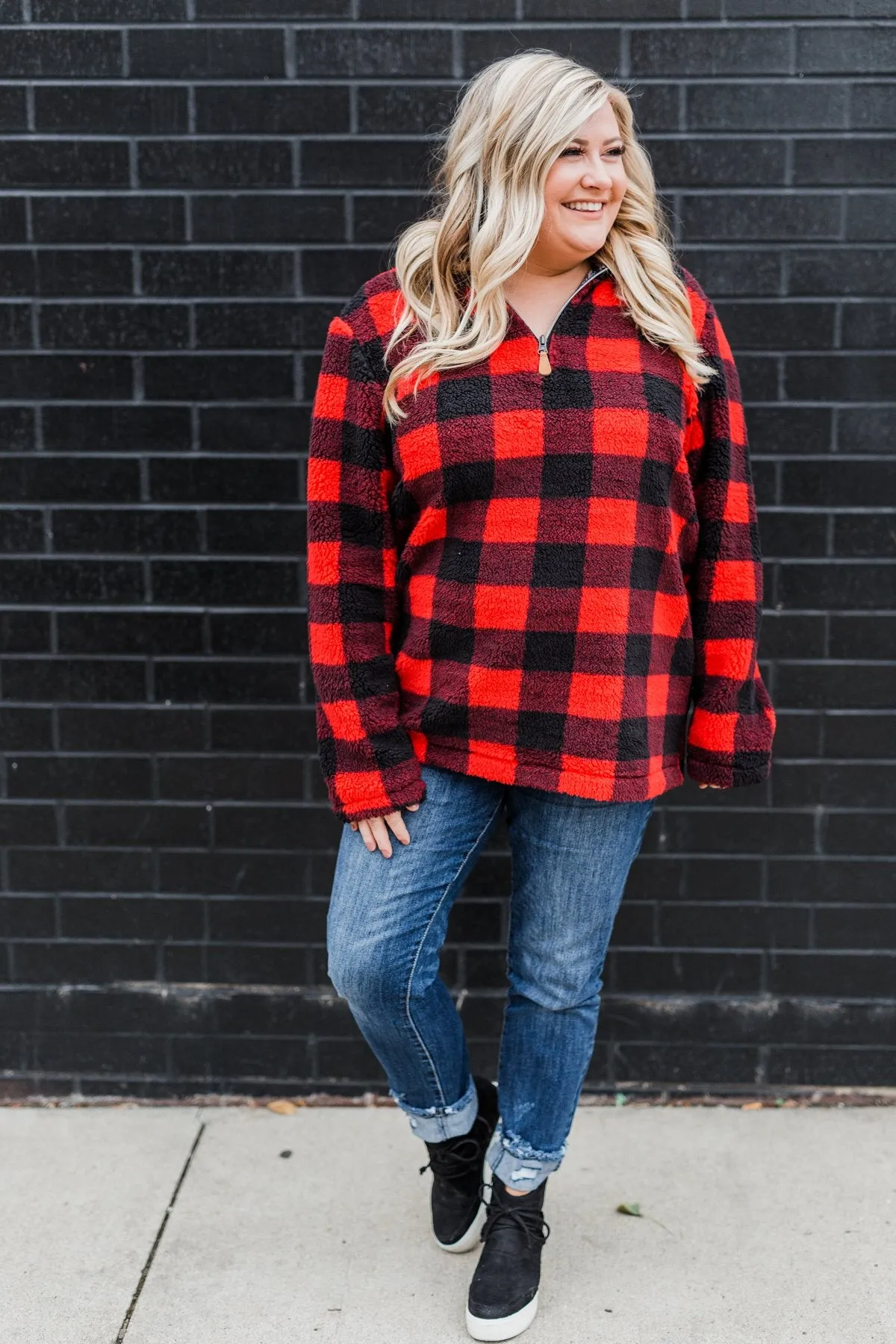 1/4 Zip Sherpa Pullover- Buffalo Plaid