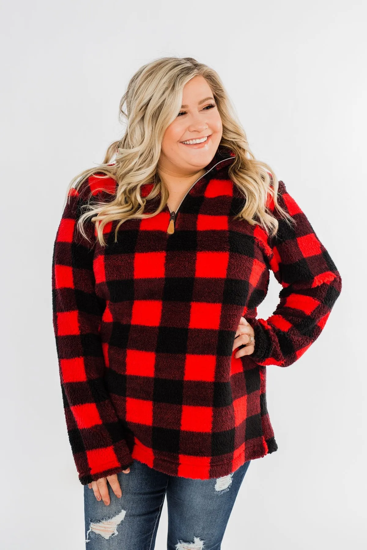 1/4 Zip Sherpa Pullover- Buffalo Plaid