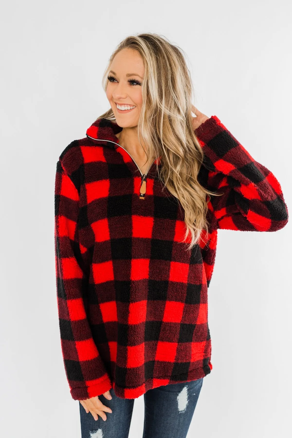 1/4 Zip Sherpa Pullover- Buffalo Plaid