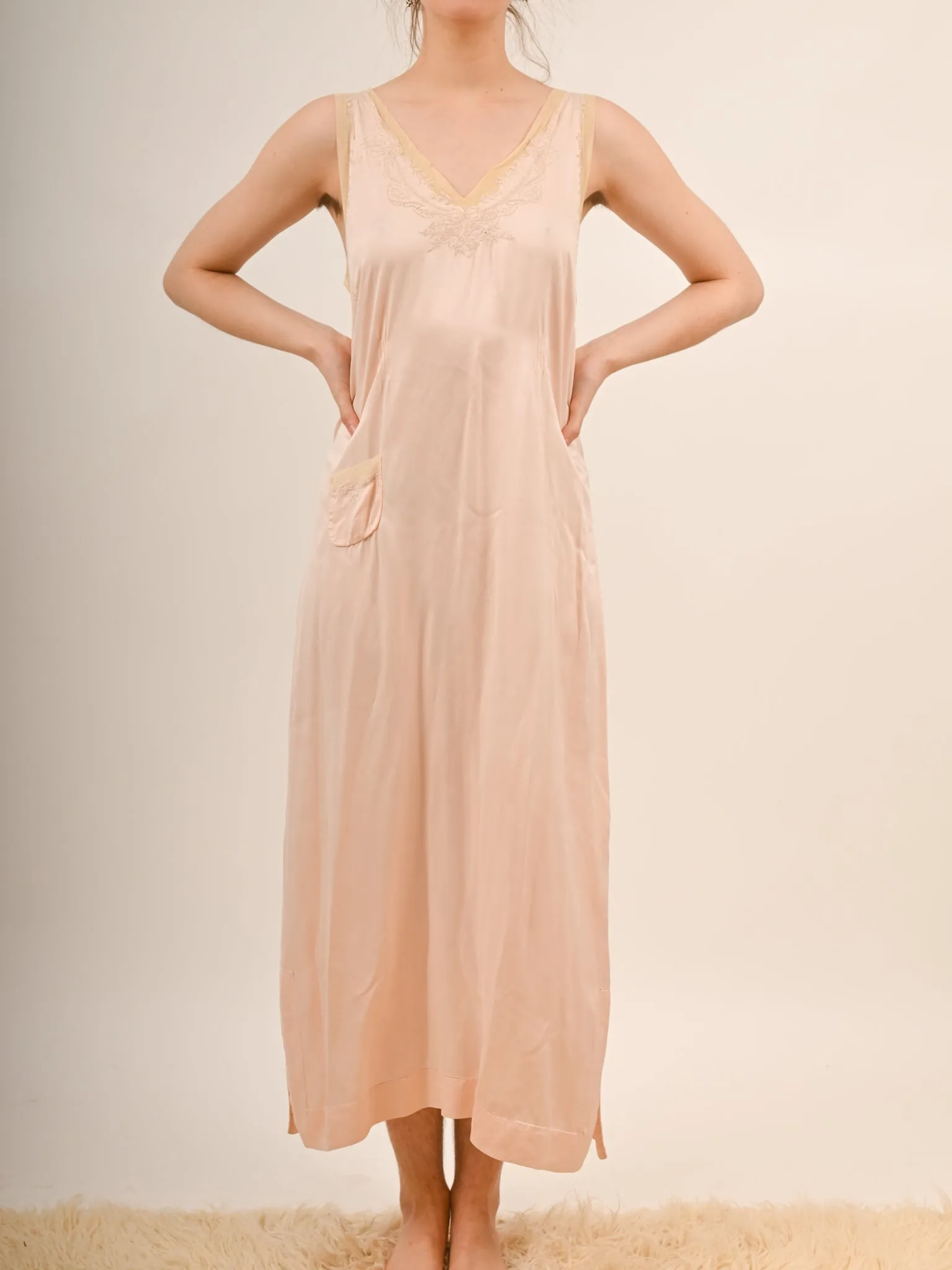 1920s Peach Silk Embroidered Slip Nightgown