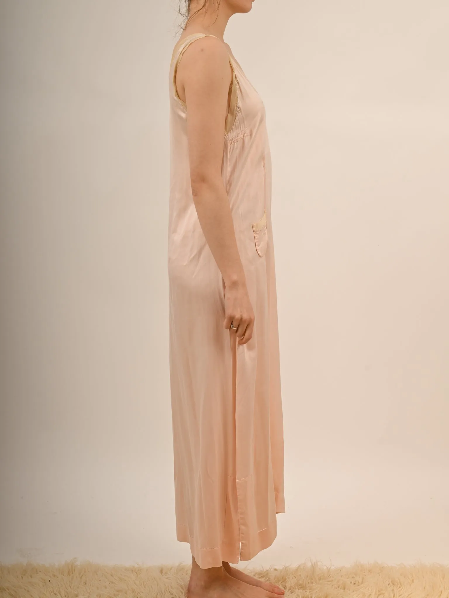 1920s Peach Silk Embroidered Slip Nightgown