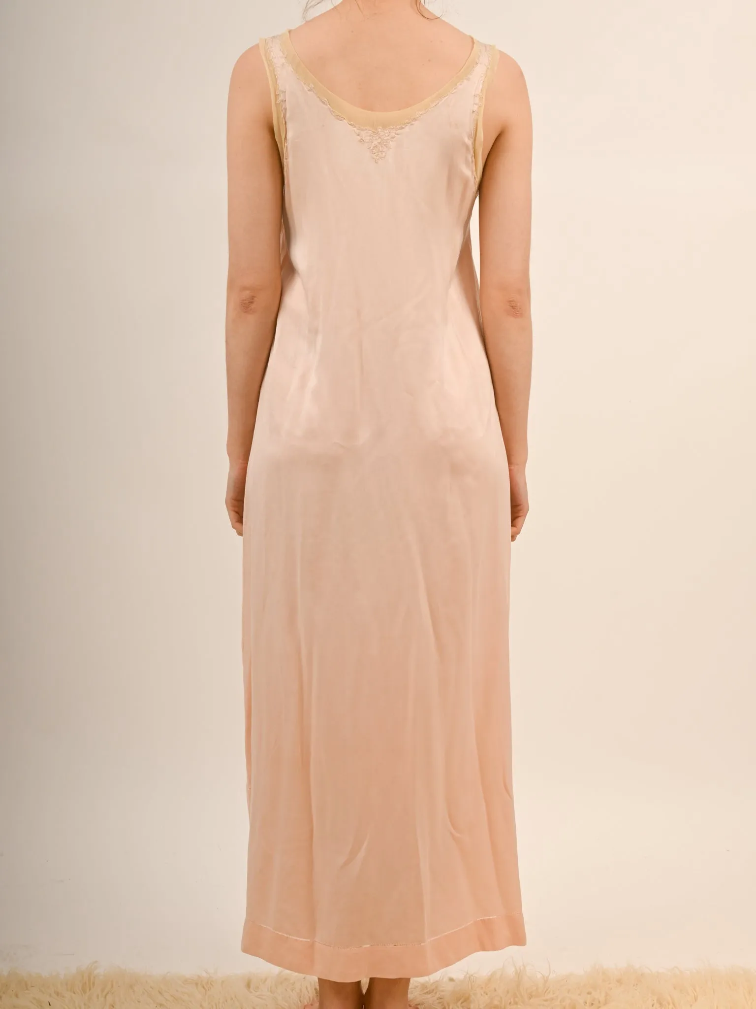 1920s Peach Silk Embroidered Slip Nightgown