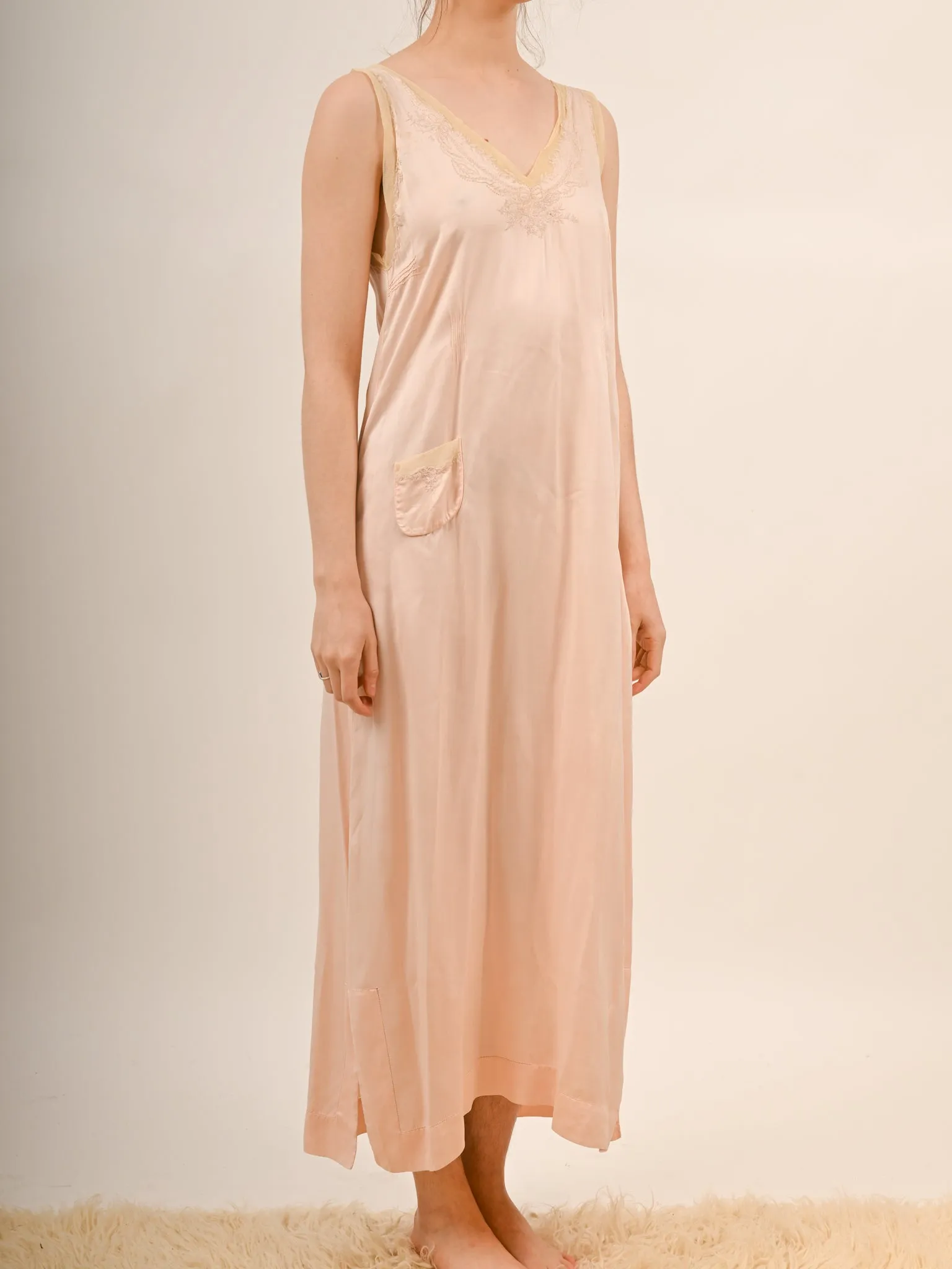 1920s Peach Silk Embroidered Slip Nightgown