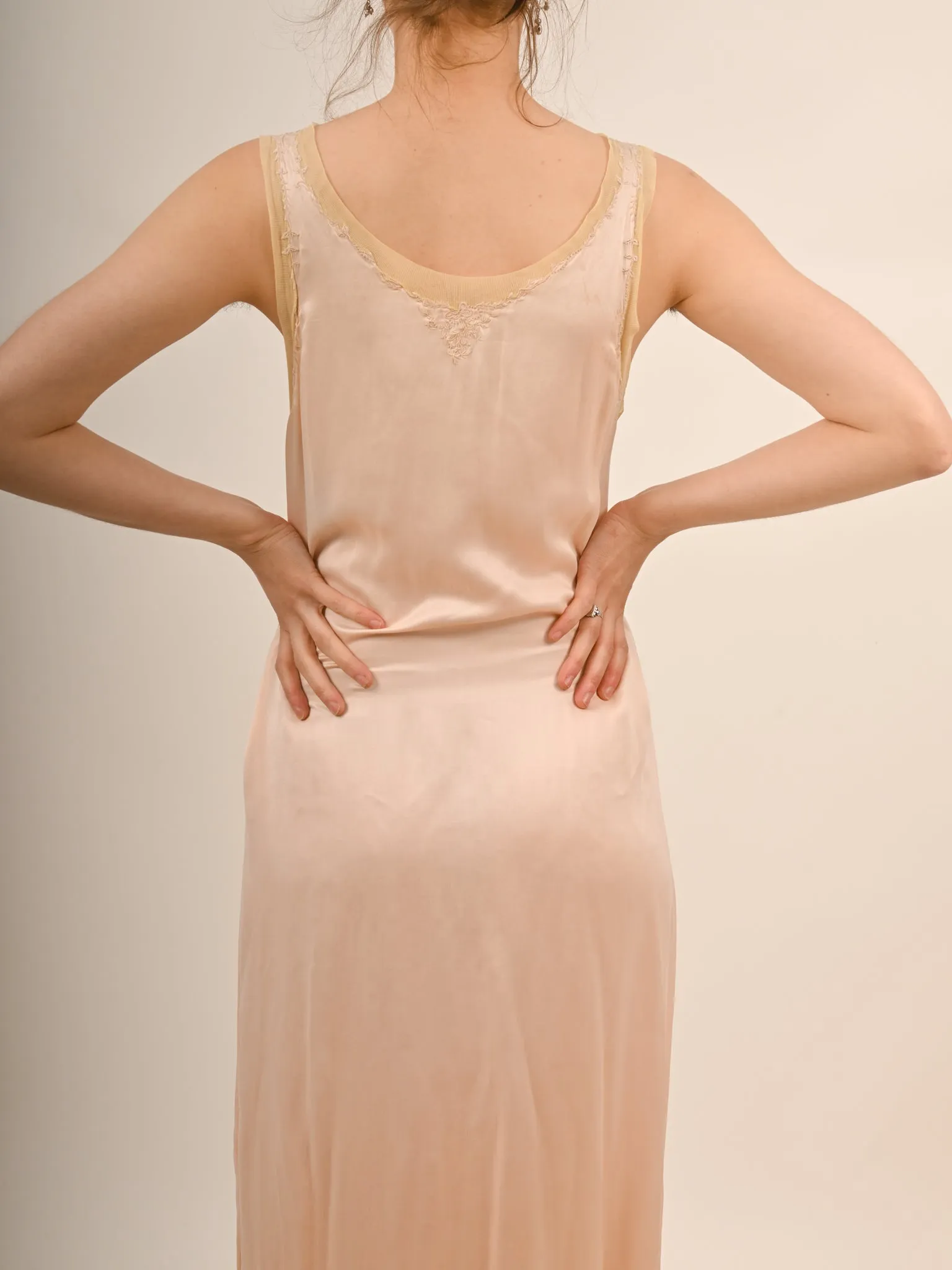 1920s Peach Silk Embroidered Slip Nightgown