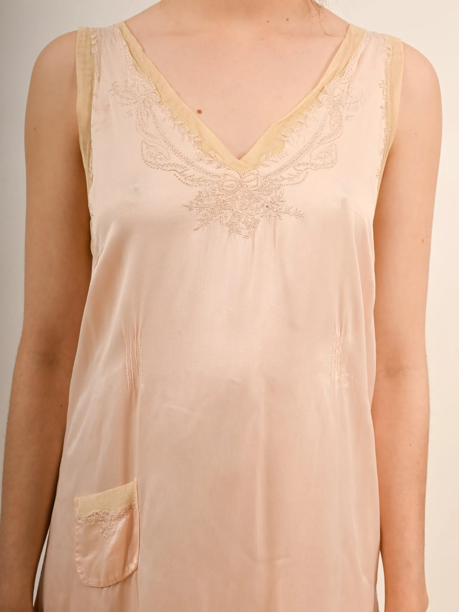 1920s Peach Silk Embroidered Slip Nightgown