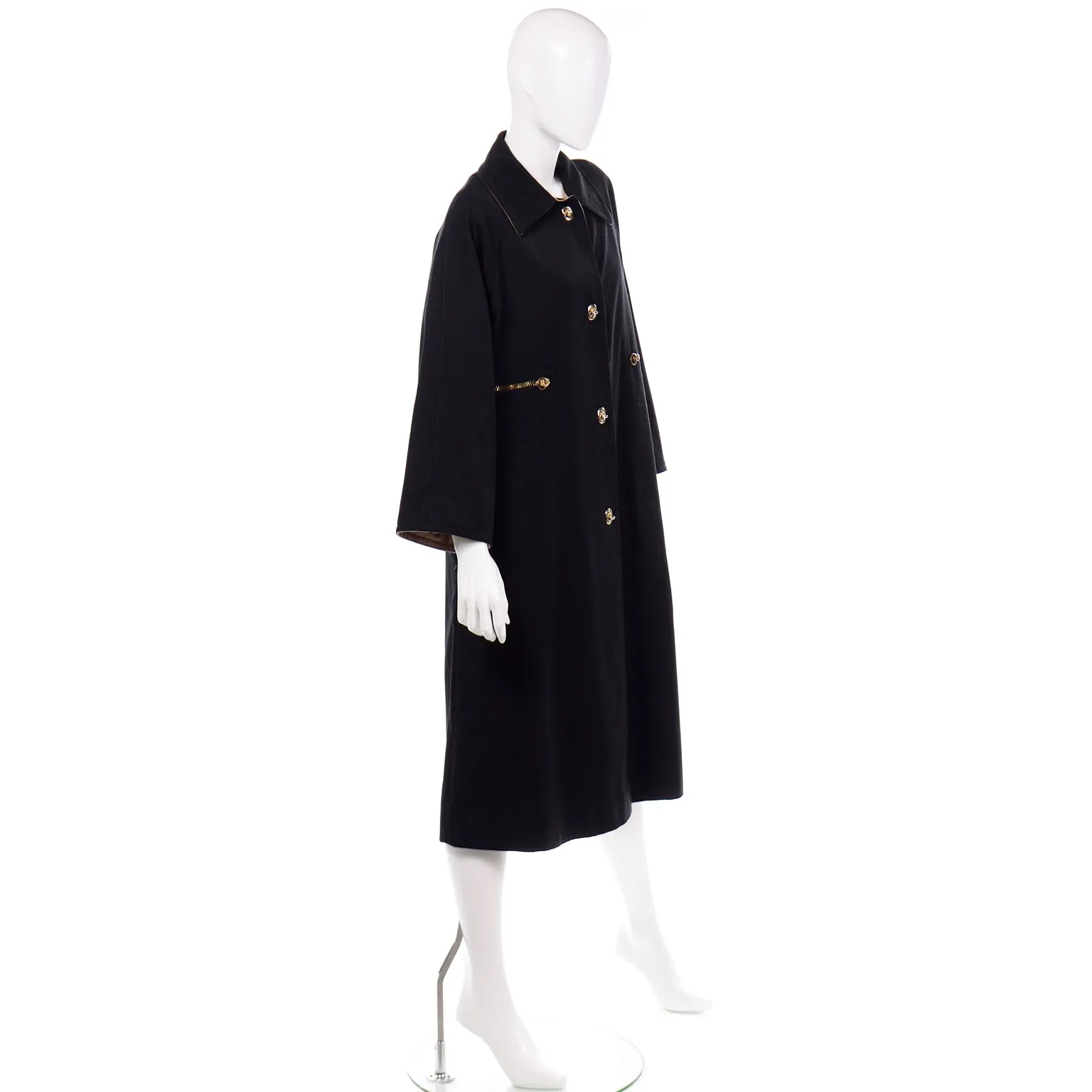 1970s Vintage Bonnie Cashin Black Coat All Weather Raincoat w Cashmere Lining