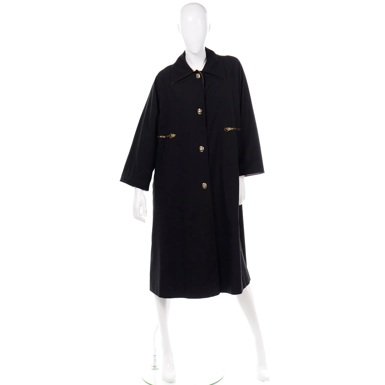 1970s Vintage Bonnie Cashin Black Coat All Weather Raincoat w Cashmere Lining