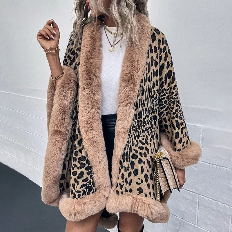 2022 Winter Thick Warm Poncho Fur Collar Cape Coat Women Vintage