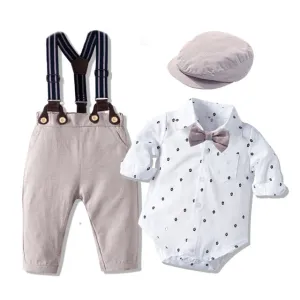 3PCS Baby Boy Bowtie Romper Suspender Pants with Baret Hat