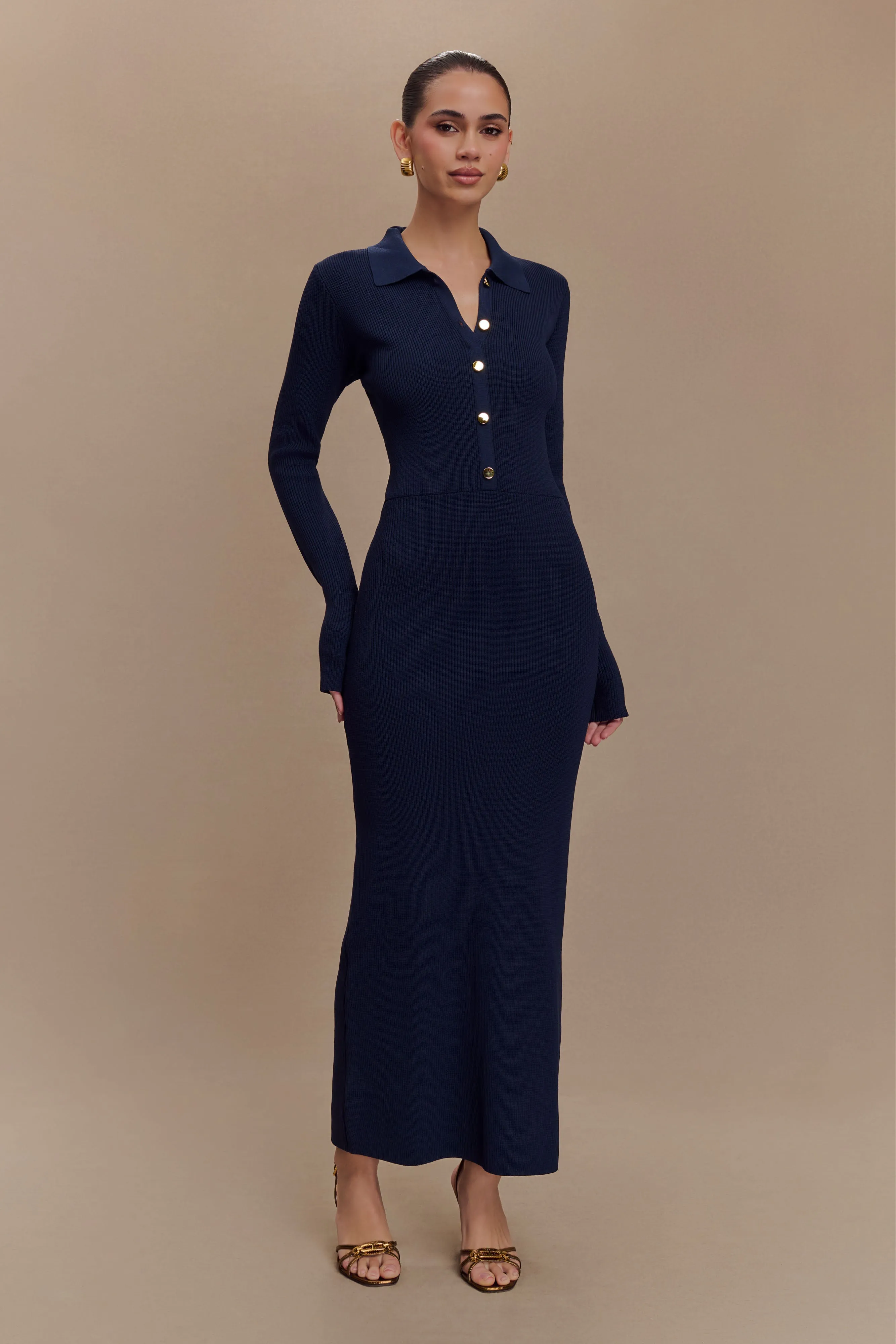 Abbey Buttoned Knit Midi Dress - Navy