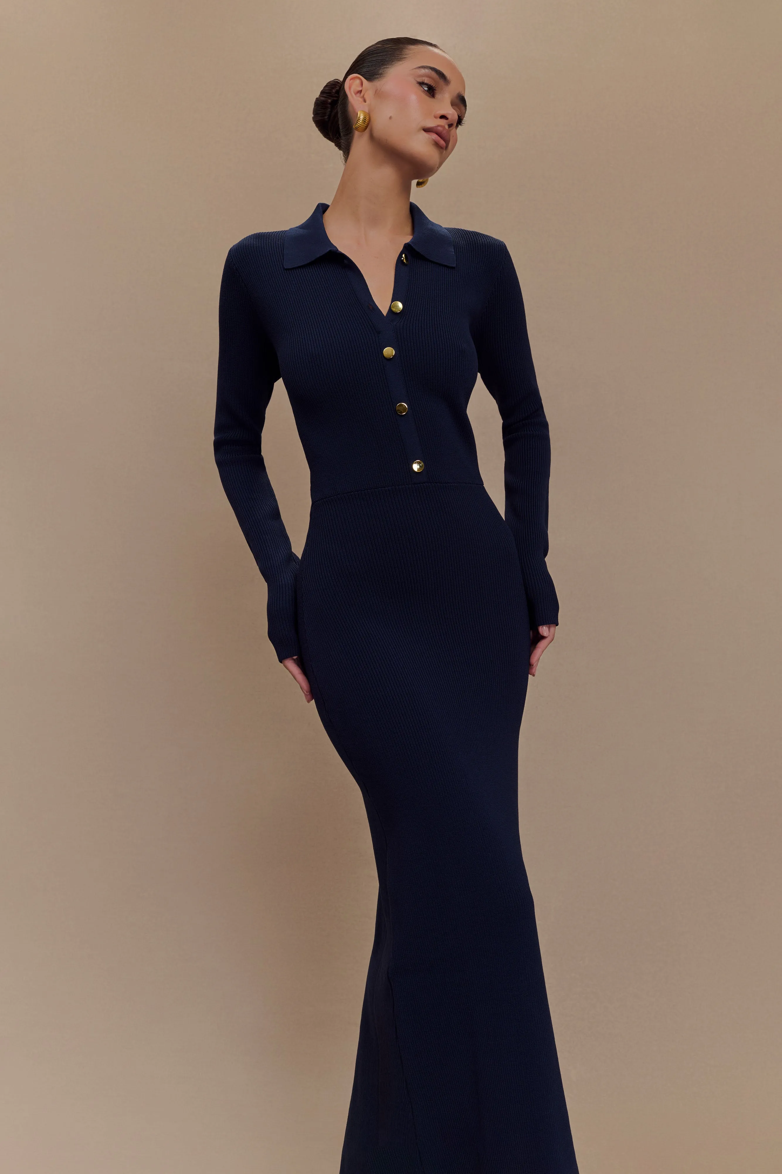 Abbey Buttoned Knit Midi Dress - Navy