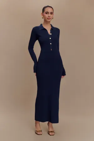 Abbey Buttoned Knit Midi Dress - Navy