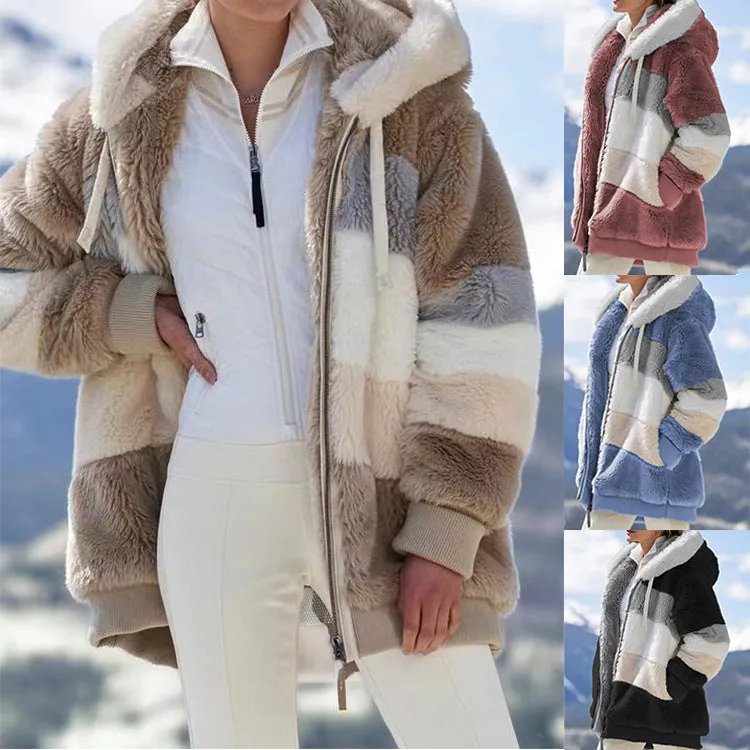 Autumn and Winter Warm Plush Patchwork Zipper Pocket Hooded Loose Coat Women