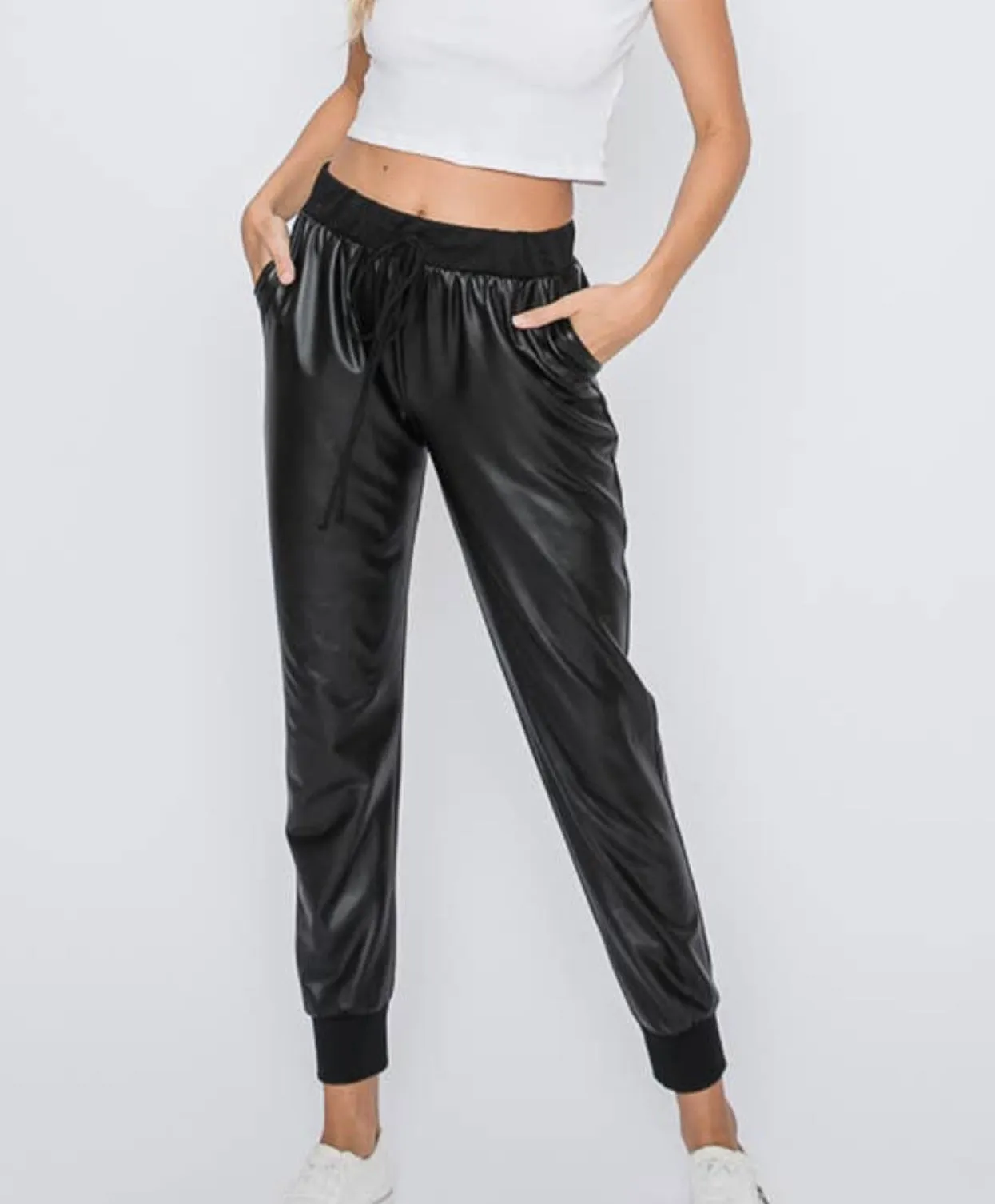 Black Faux Leather Joggers