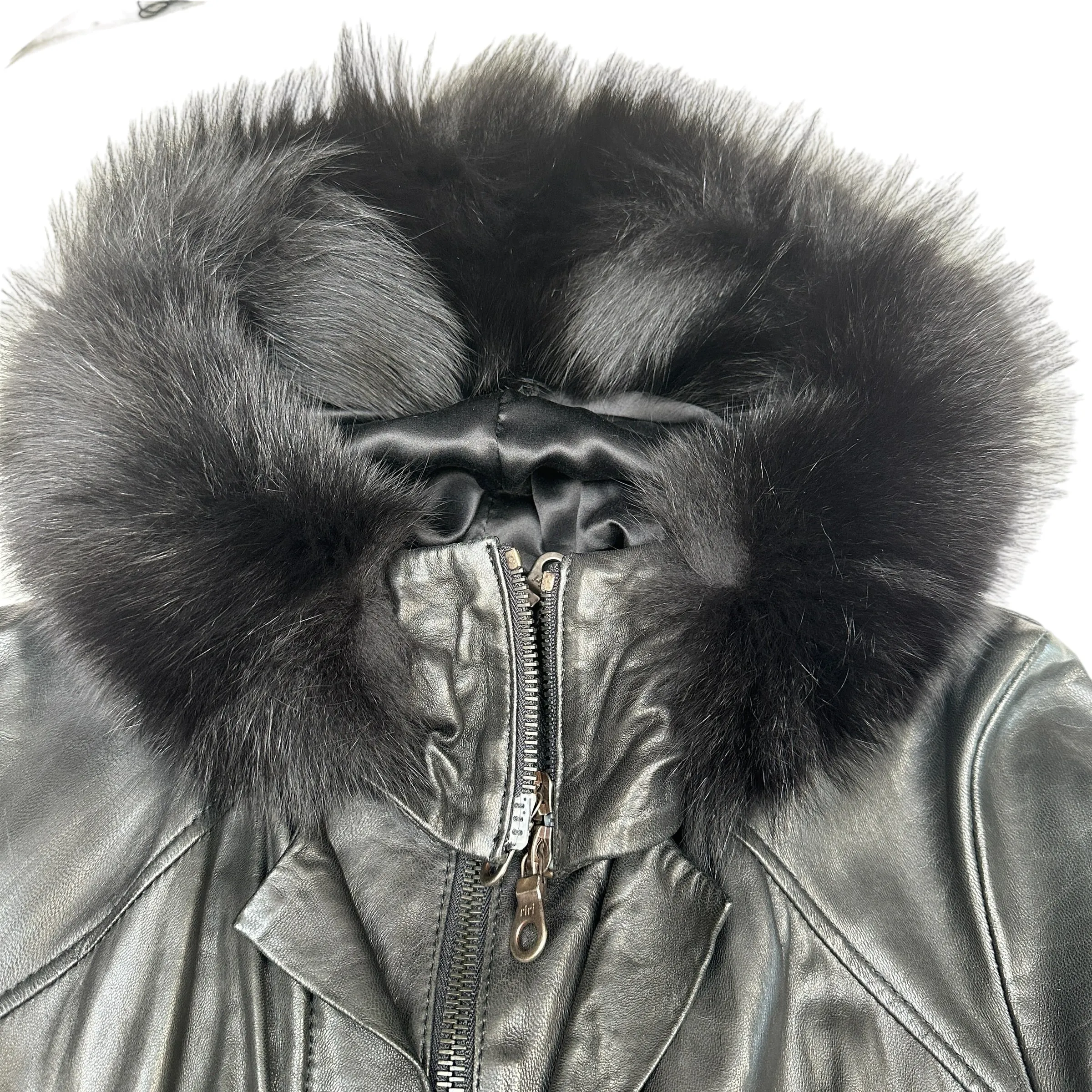 Black Leather Coat w/Fur Hoodie - S