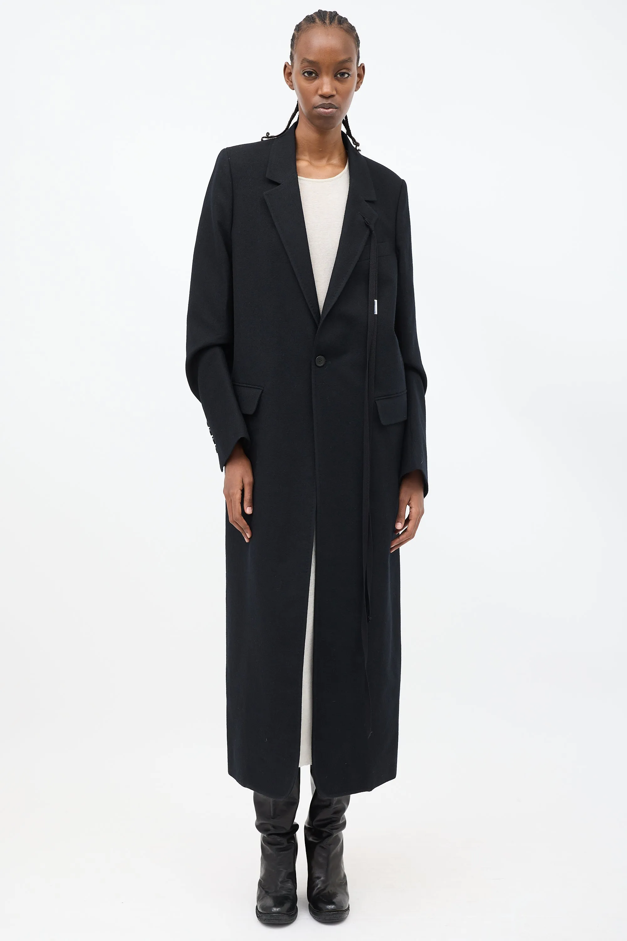 Black Wool Lieke Tacked Sleeve Long Coat