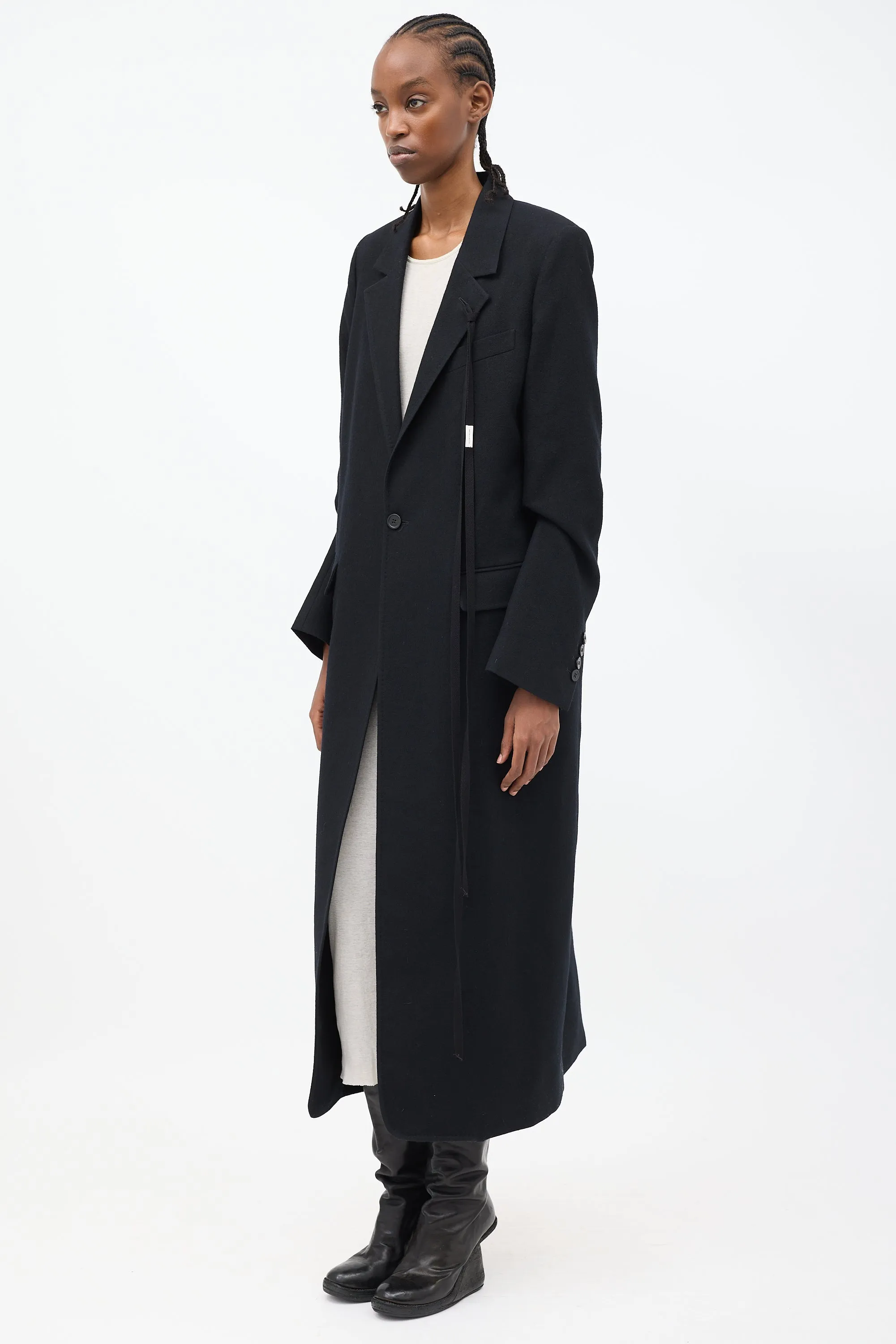 Black Wool Lieke Tacked Sleeve Long Coat