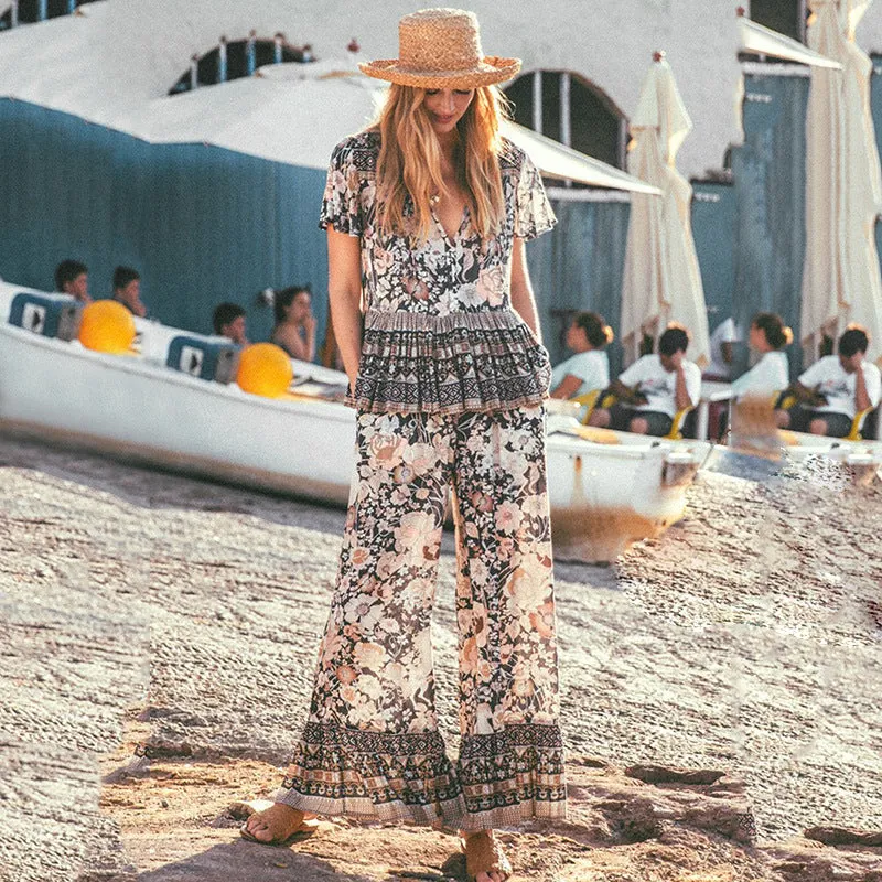 Boho Summer V-neck Print Beach Holiday 2 Piece Tops Pants Outfits