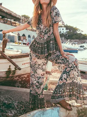 Boho Summer V-neck Print Beach Holiday 2 Piece Tops Pants Outfits