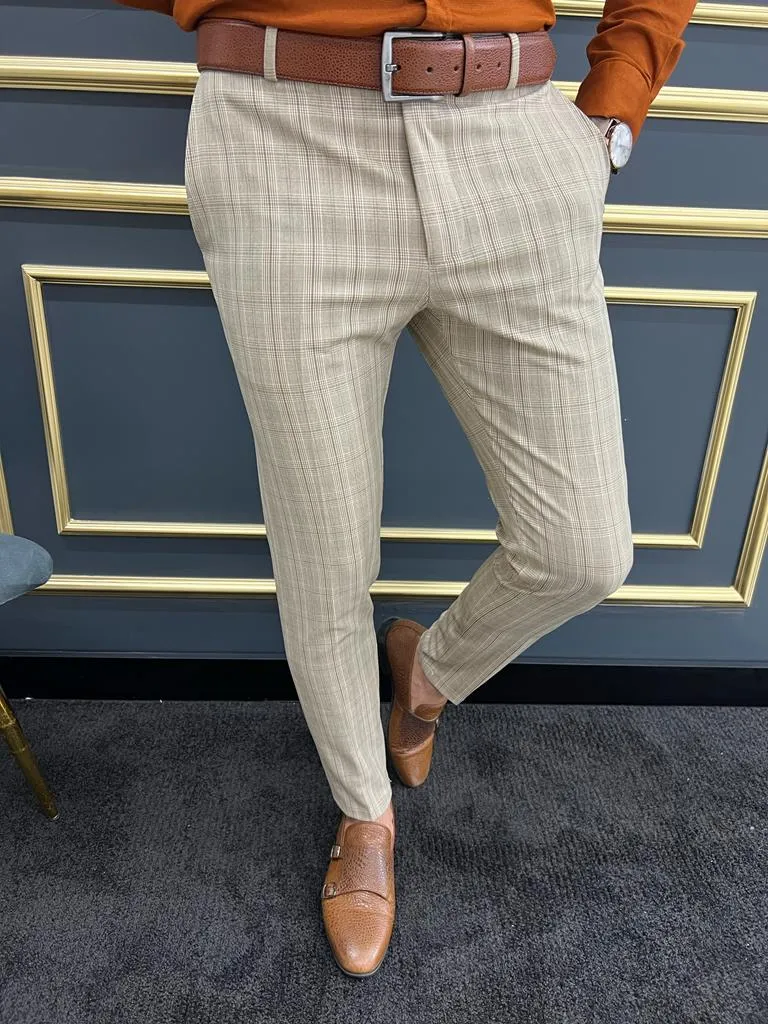 Bojoni Uluwatu Slim Fit Beige Plaid Trousers