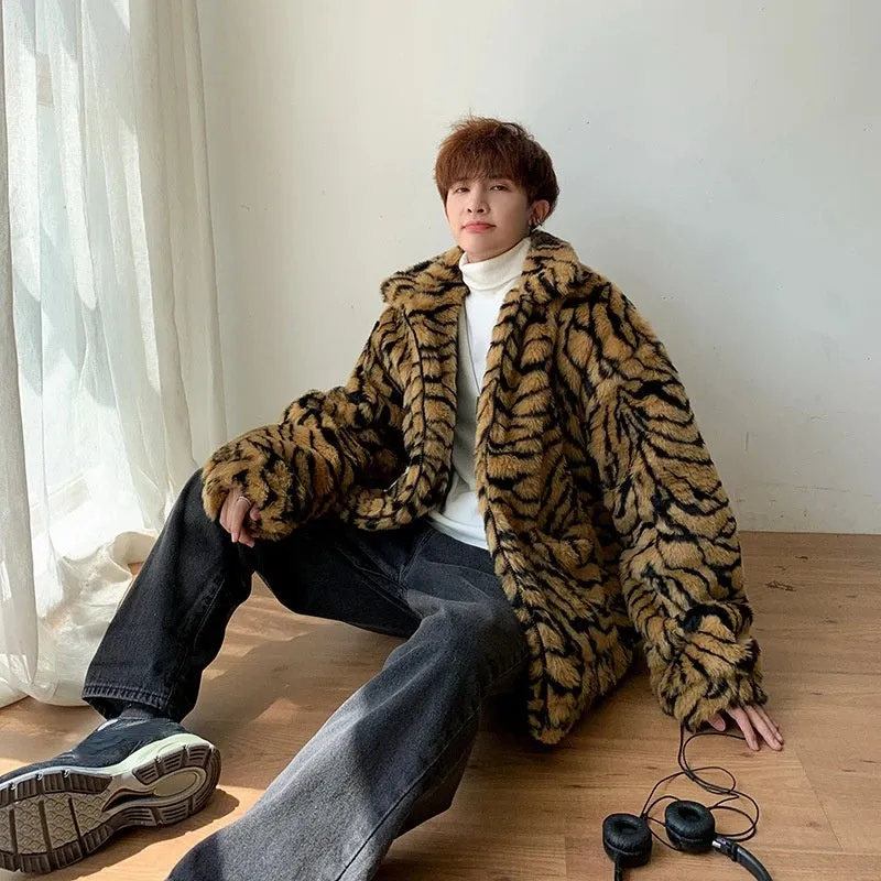 Bonsir Men Winter Faux Fur Furry Coat Loose Male Leopard Print Tiger Stripe Jacket Oversize Boys Harajuku Outerwear Xxxl Windbreaker