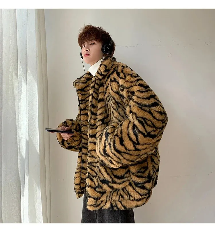 Bonsir Men Winter Faux Fur Furry Coat Loose Male Leopard Print Tiger Stripe Jacket Oversize Boys Harajuku Outerwear Xxxl Windbreaker