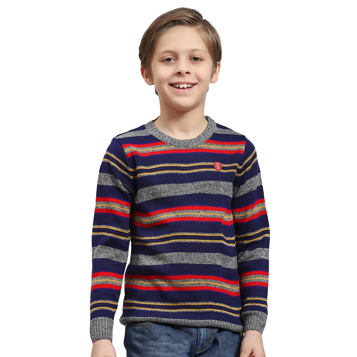 Boys Blue Stripe Round Neck Full Sleeve Sweater