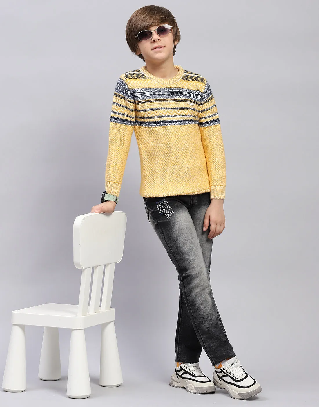 Boys Mustard Self Design Round Neck Full Sleeve Pullover