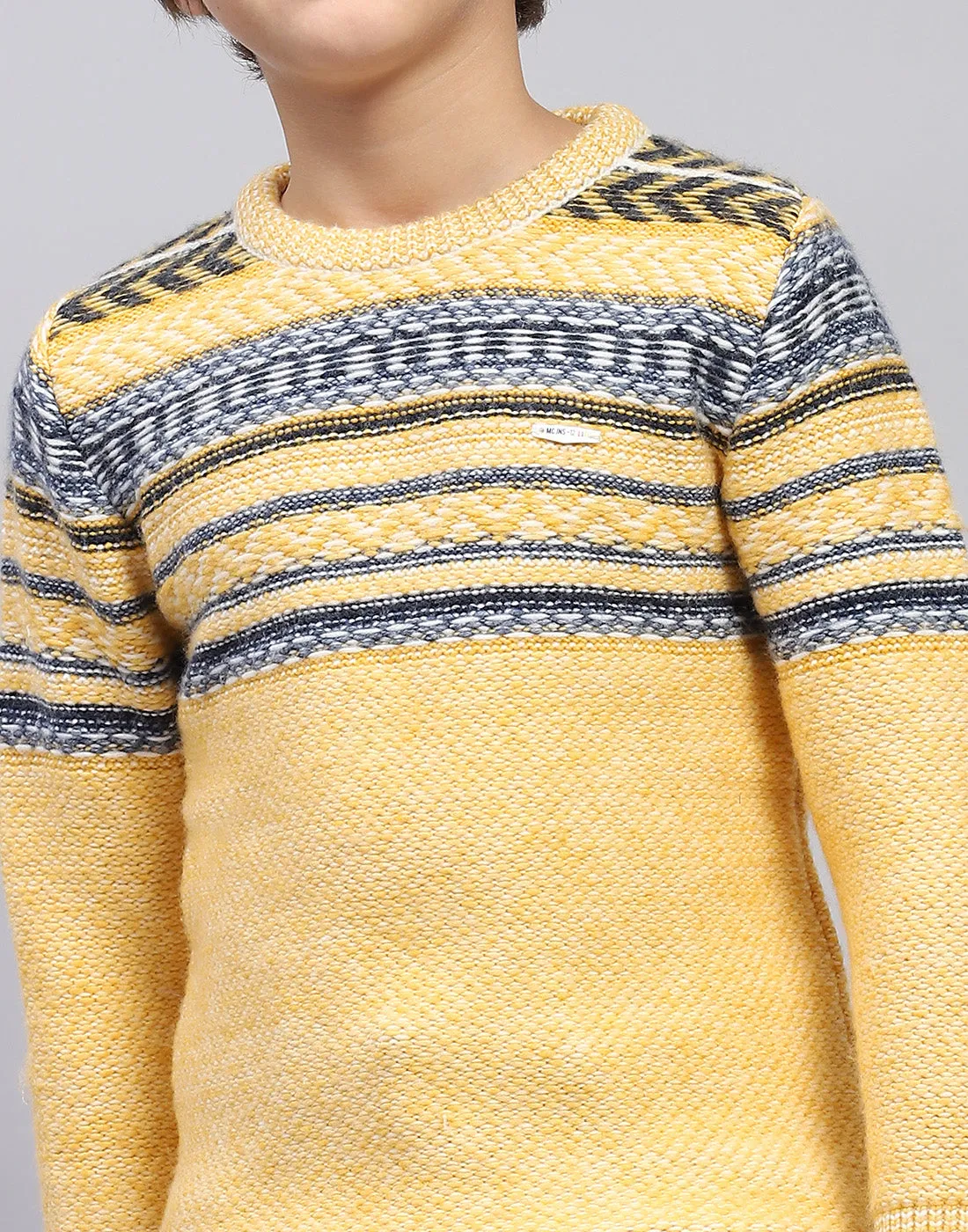 Boys Mustard Self Design Round Neck Full Sleeve Pullover