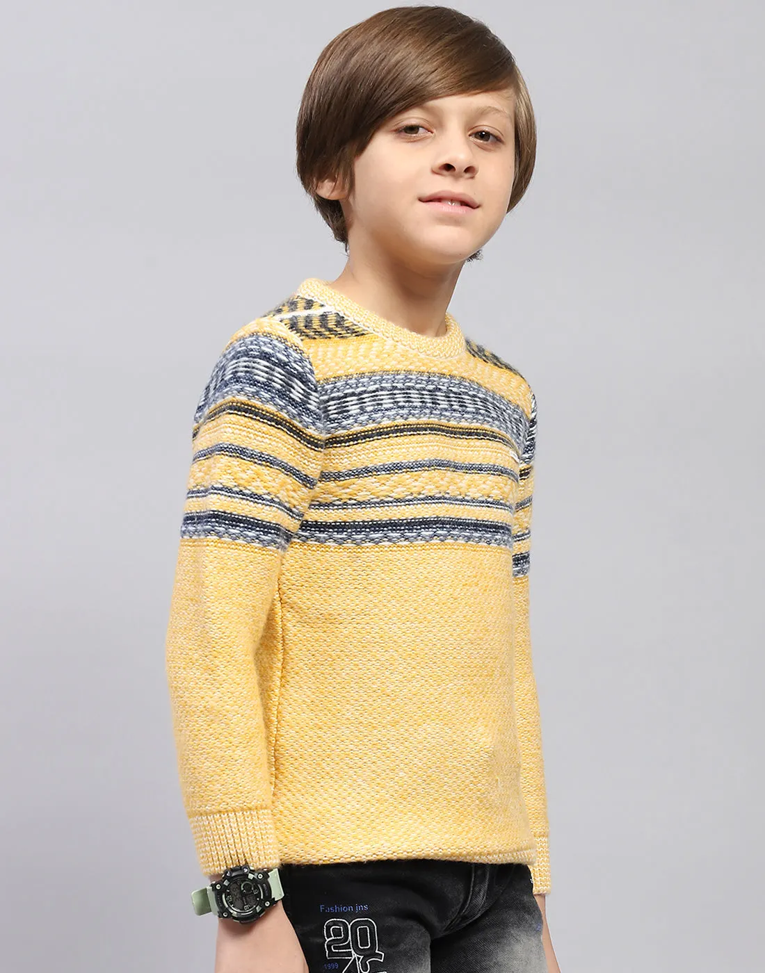 Boys Mustard Self Design Round Neck Full Sleeve Pullover