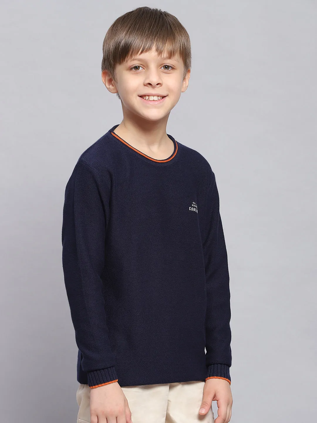 Boys Navy Blue Solid Round Neck Full Sleeve Sweater