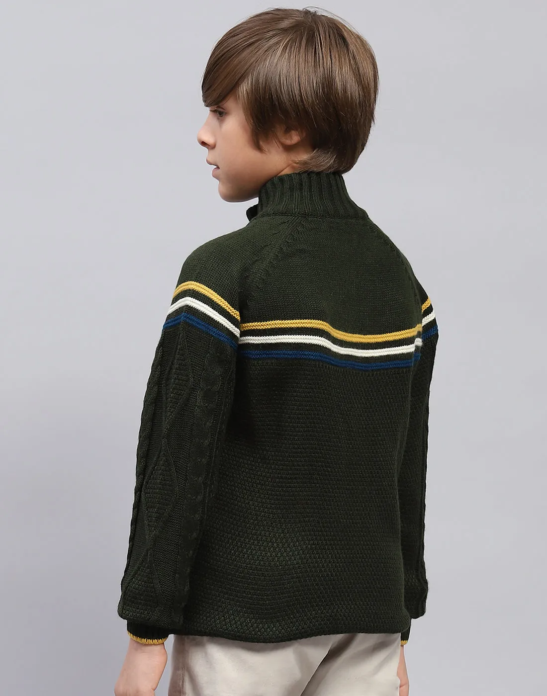 Boys Olive Self Design Turtle Neck Full Sleeve Pullover