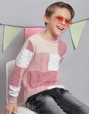 Boys Pink Self Design Round Neck Full Sleeve Sweater