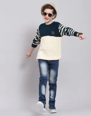 Boys Teal Blue Self Design Round Neck Full Sleeve Sweater