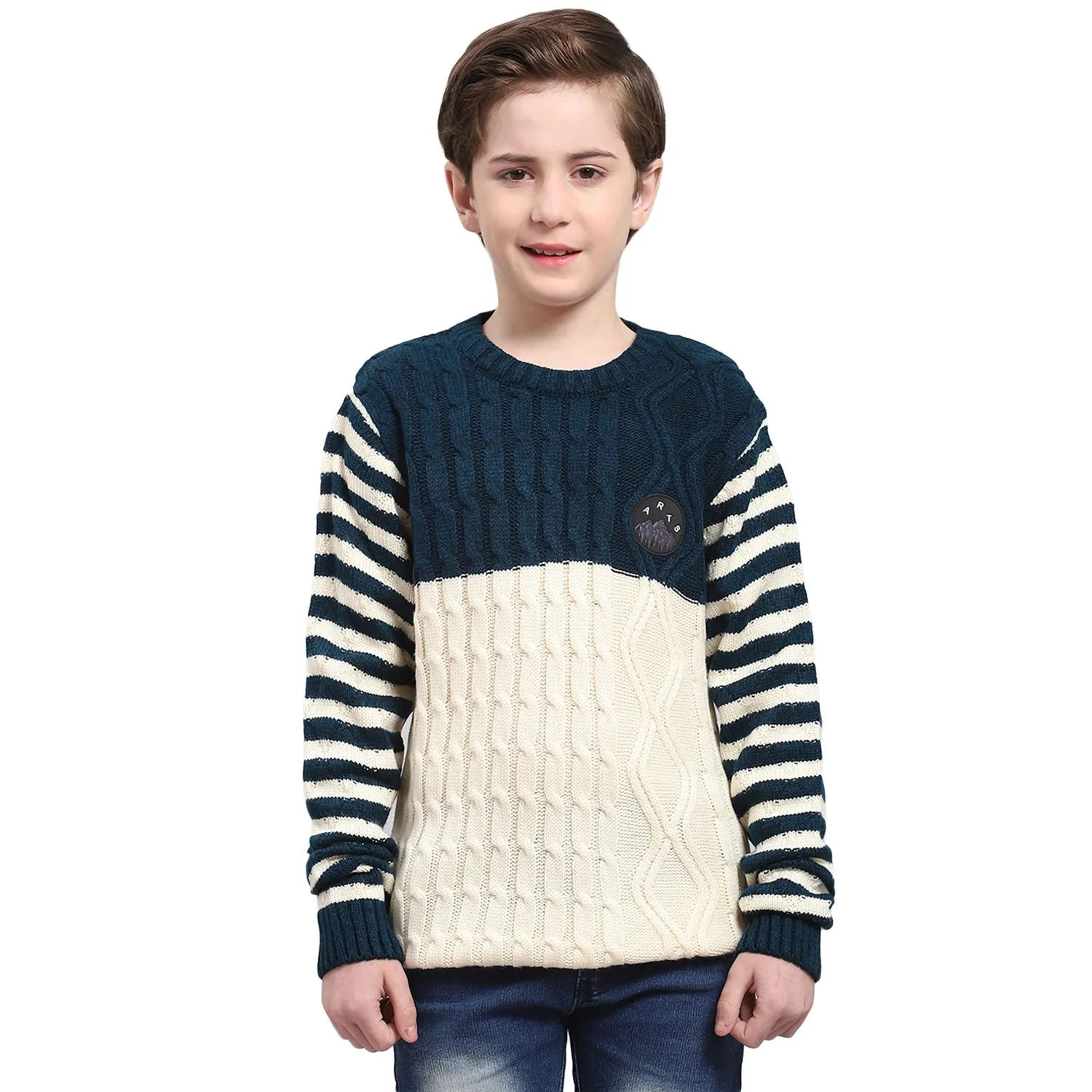 Boys Teal Blue Self Design Round Neck Full Sleeve Sweater