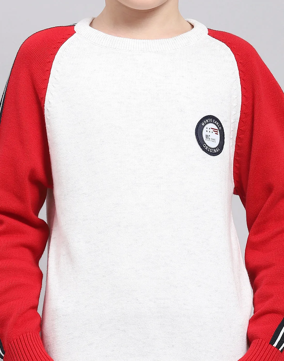 Boys White Solid Round Neck Full Sleeve Sweater