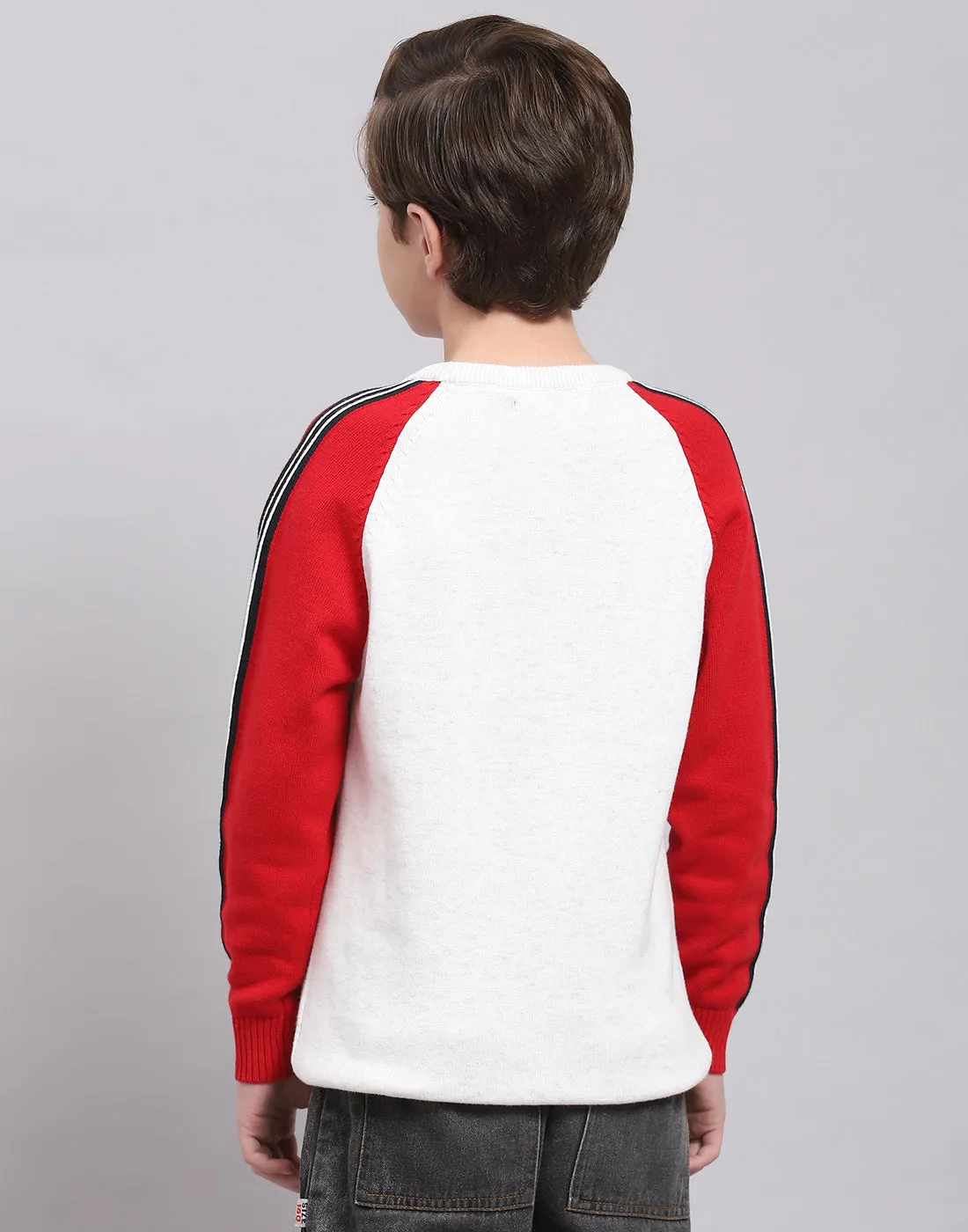 Boys White Solid Round Neck Full Sleeve Sweater