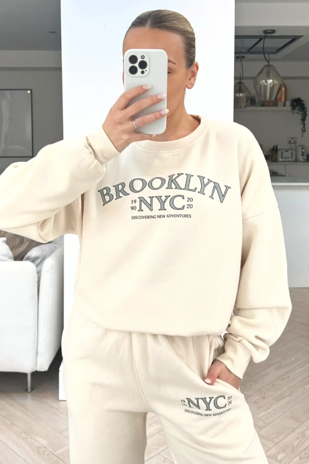 Brooklyn NYC ecru printed sweater loungewear set