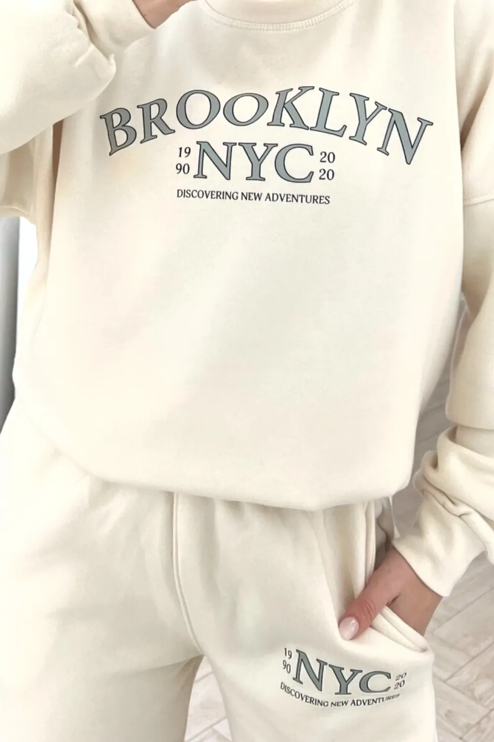 Brooklyn NYC ecru printed sweater loungewear set