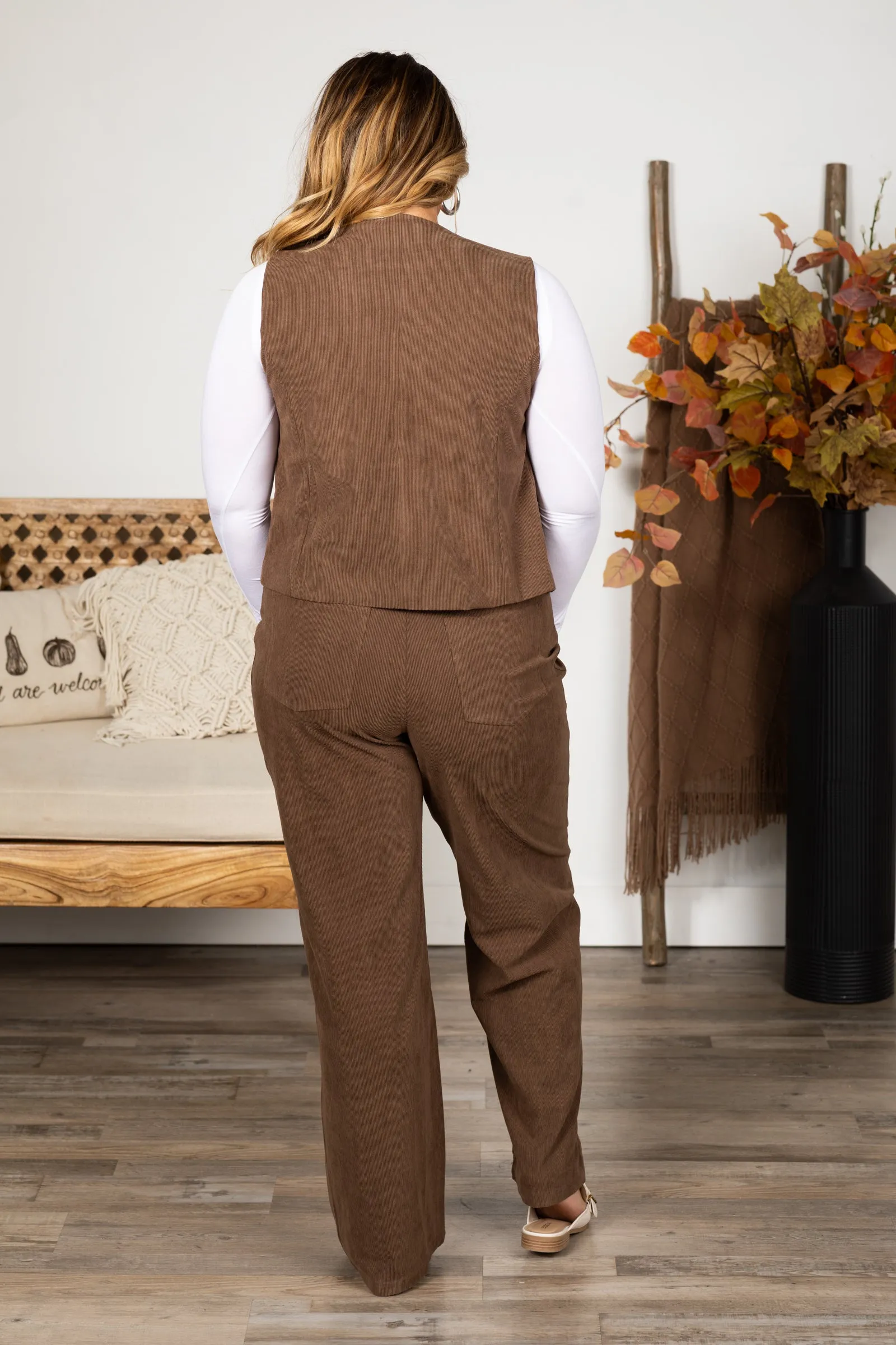 Brown Corduroy Vest And Pants Set