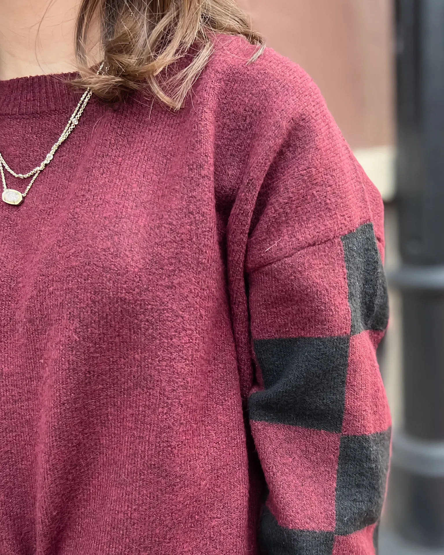 Burgundy Checkered Sleeve Crewneck Sweater