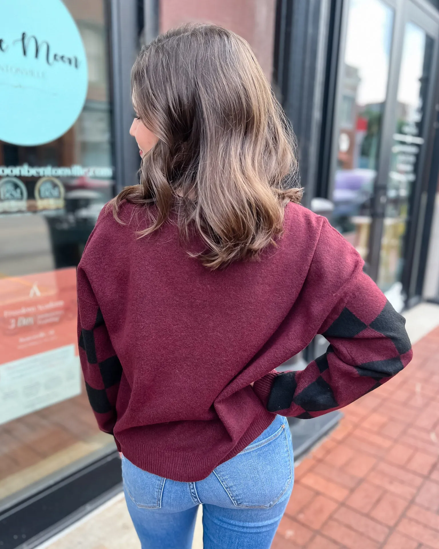 Burgundy Checkered Sleeve Crewneck Sweater