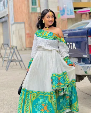 Contemporary Elegance Habesha Dress Blue and Green Patterned Habesha Kemis