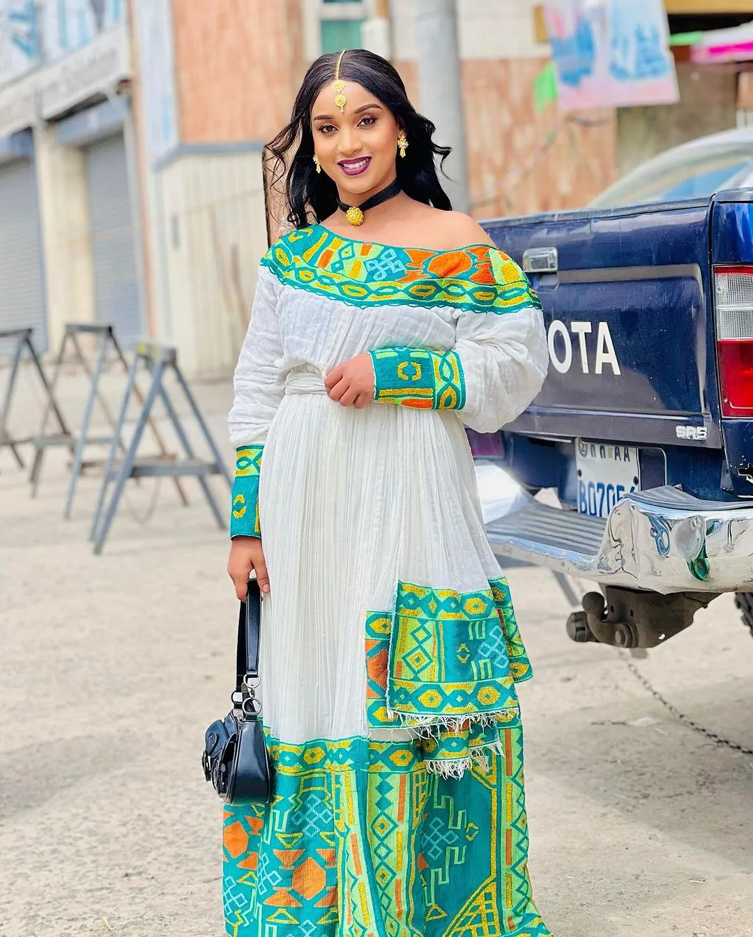 Contemporary Elegance Habesha Dress Blue and Green Patterned Habesha Kemis