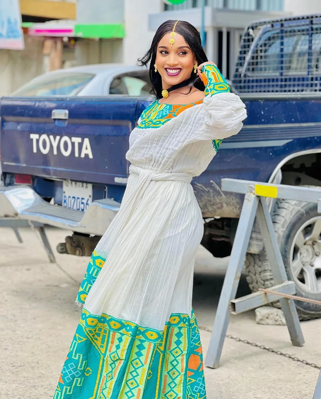 Contemporary Elegance Habesha Dress Blue and Green Patterned Habesha Kemis