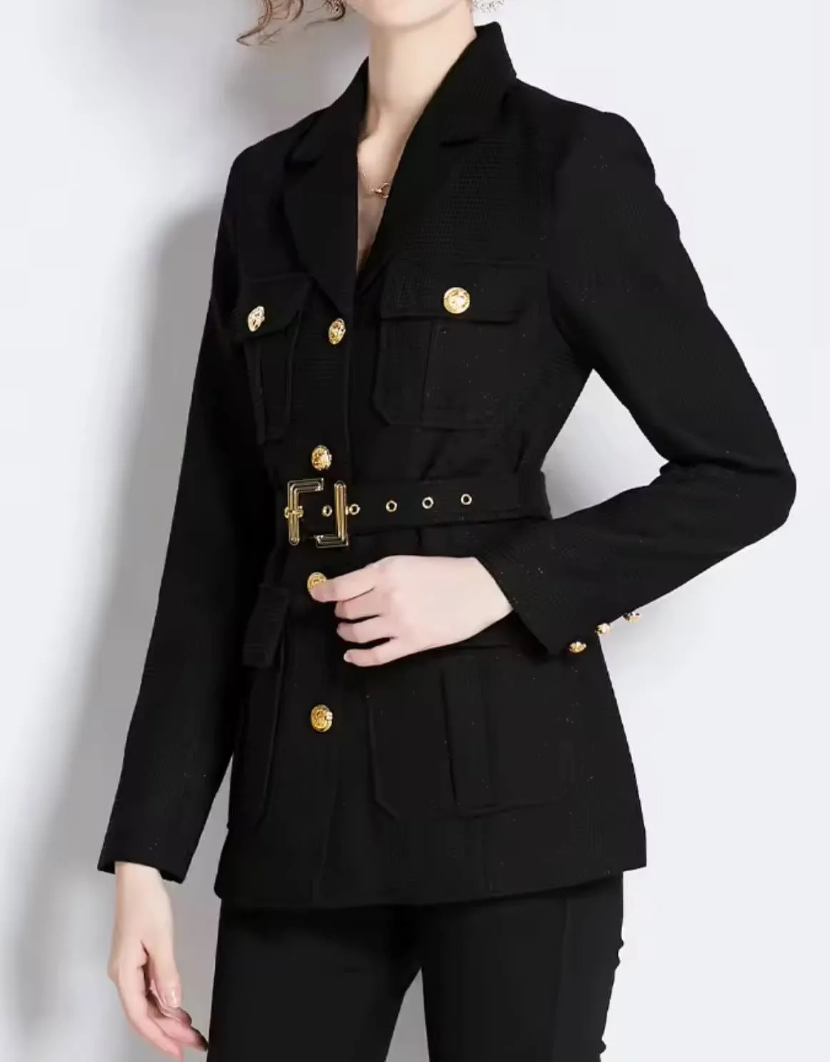 Double Breasted Gold Buttoned Blazer Coat