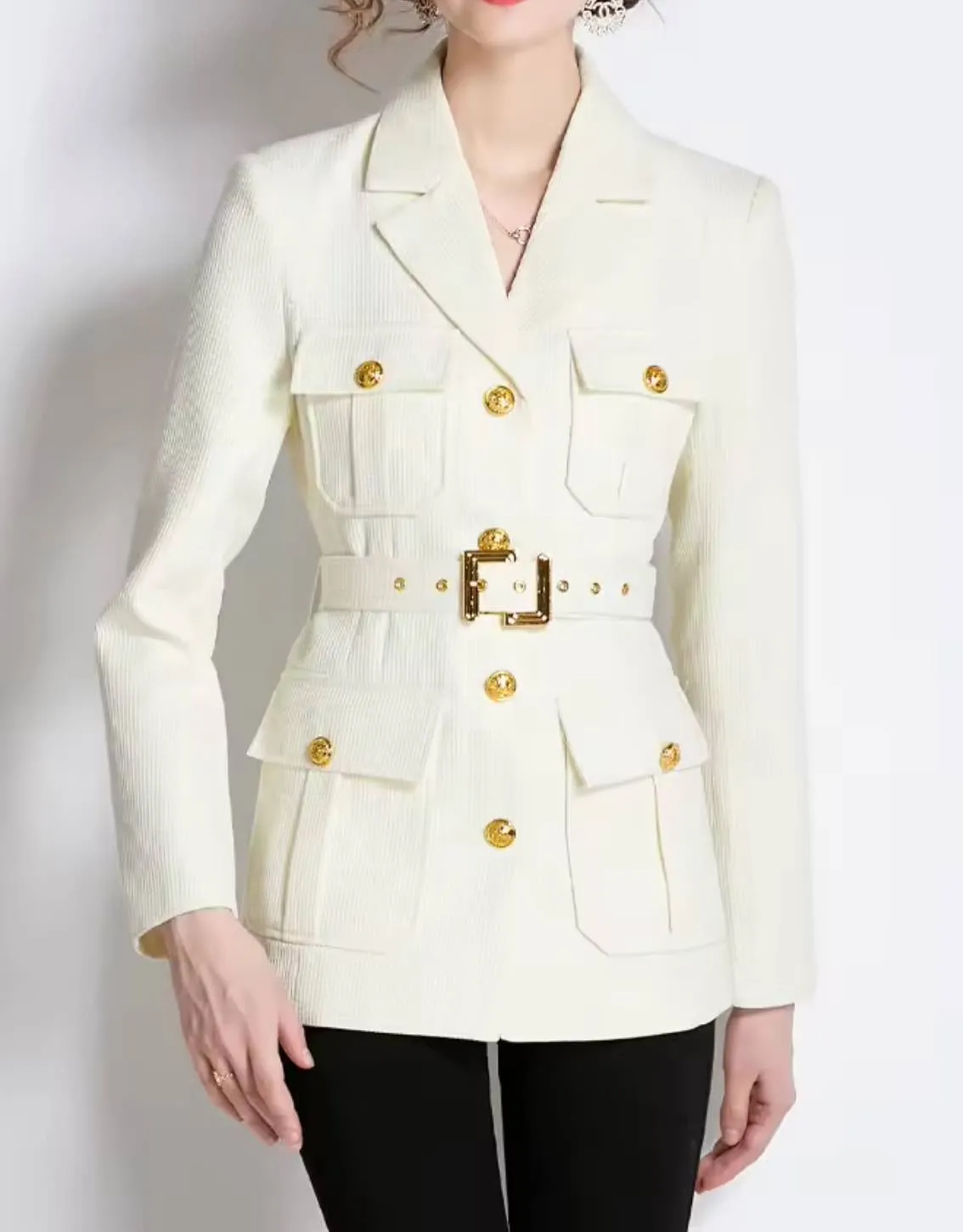 Double Breasted Gold Buttoned Blazer Coat