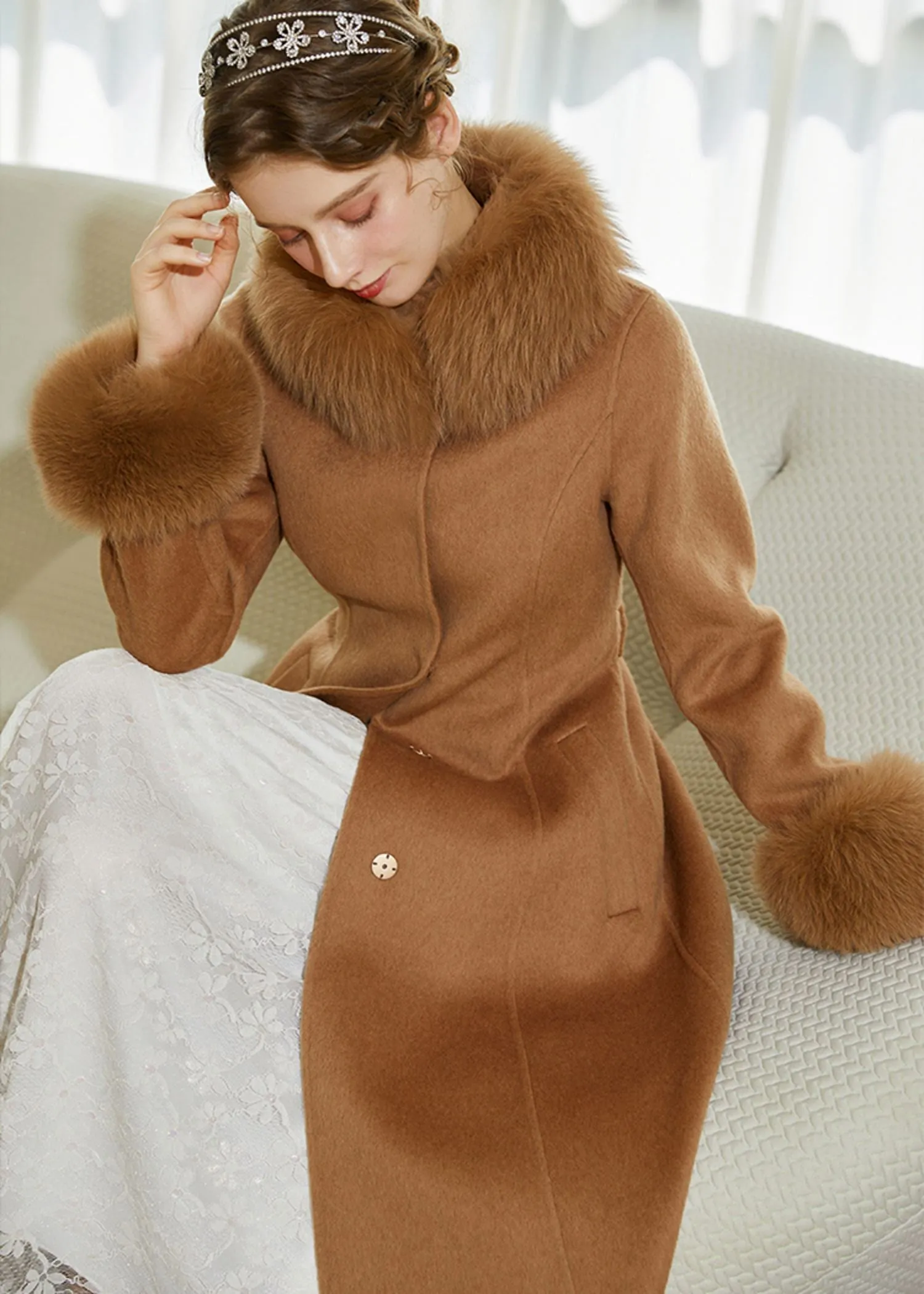 Double Face Alpaca Wool Fox Fur Collar Belted Long Coat